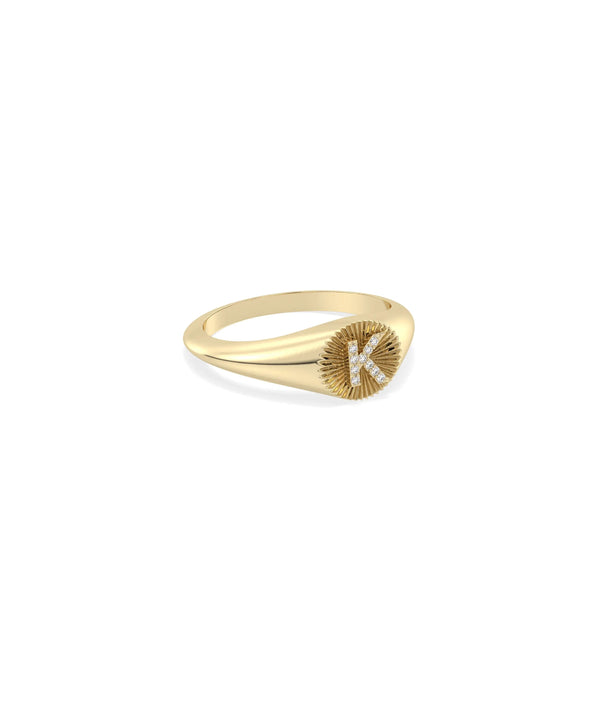 Fluted circle signet with diamond accents custom initial detail alternate view
