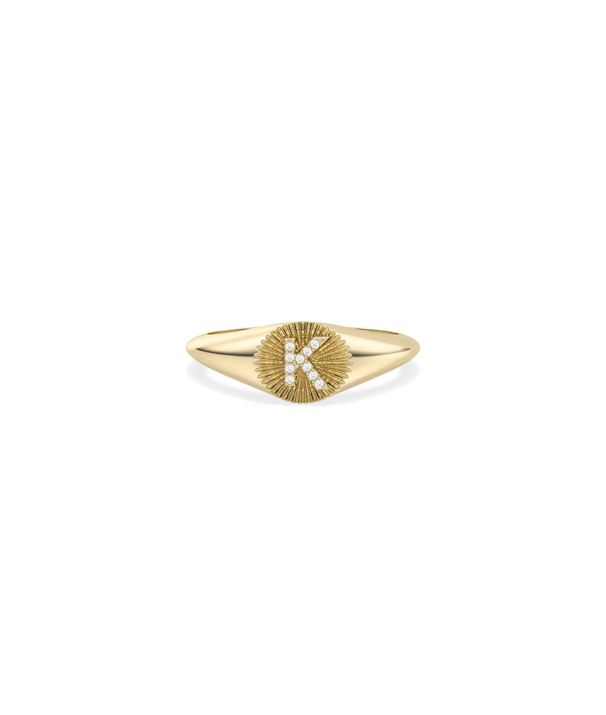 Custom Diamond Initial Fluted Circle Signet Ring yellow gold