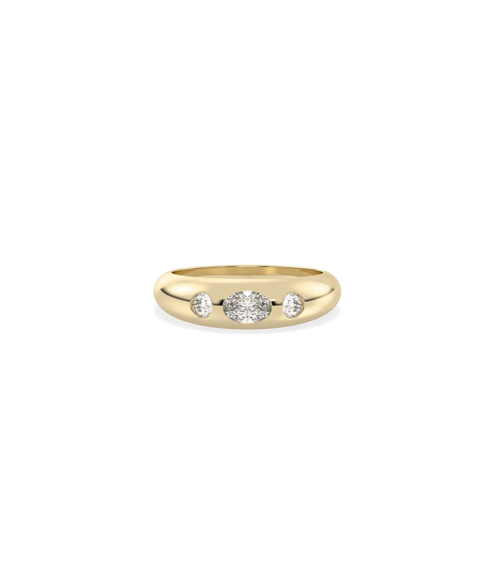 3 Stone Dome Ring in yellow gold with center and side diamonds on dome