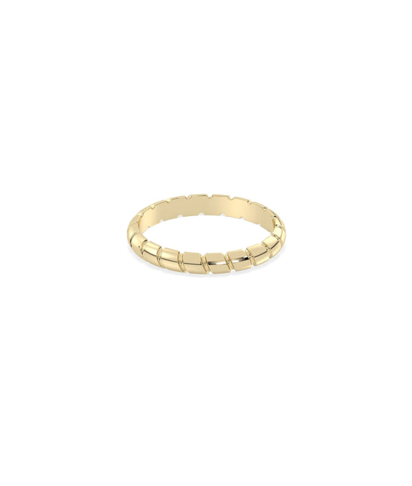 Twist eternity ring side view displaying 3mm width and flowing sculptural pattern alternate view