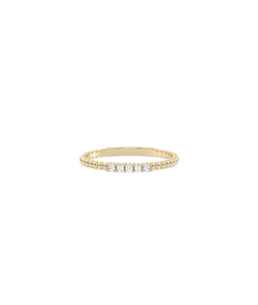 5 Stone Diamond Beaded Band Ring in yellow gold with five diamonds and beading