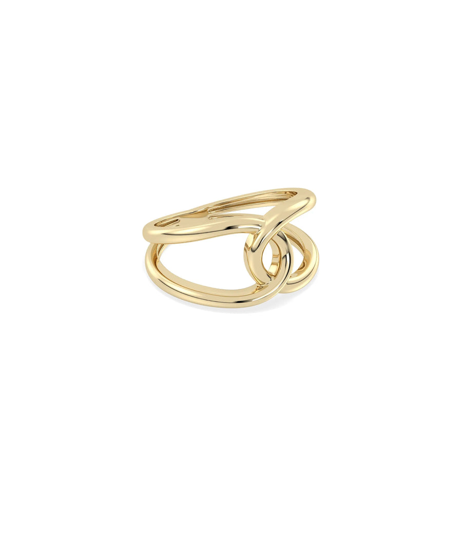 Twist band ring side view displaying substantial width and sculptural movement