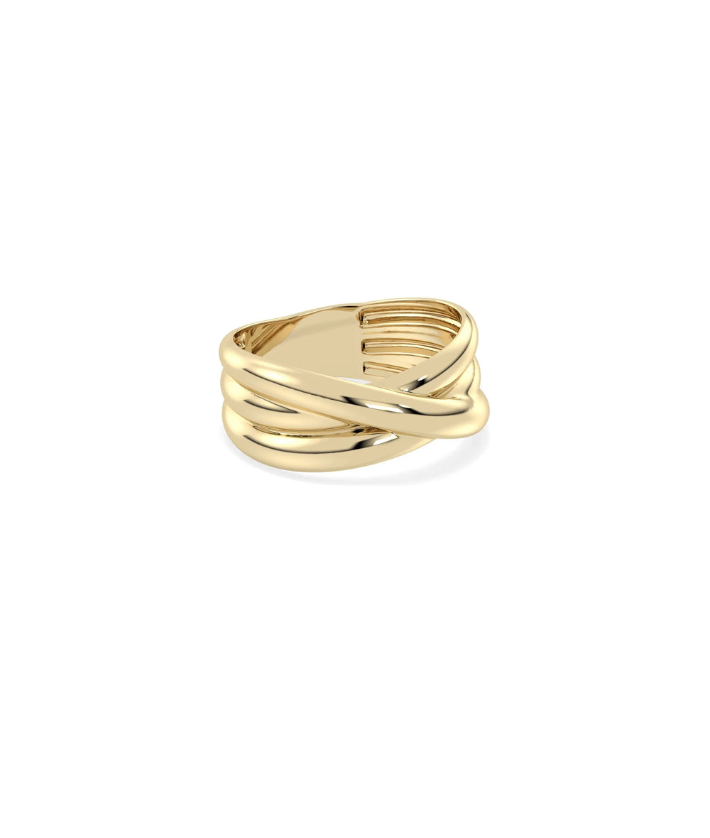 Side view Gold Criss Cross Ring showing substantial 9mm width and dimensional design