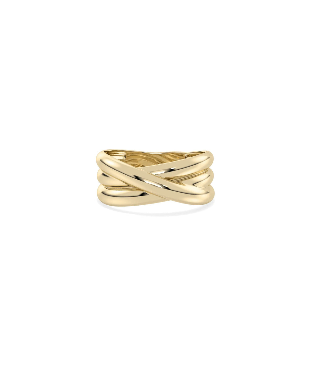 Gold Criss Cross Ring in yellow gold with interwoven criss cross X-pattern bands