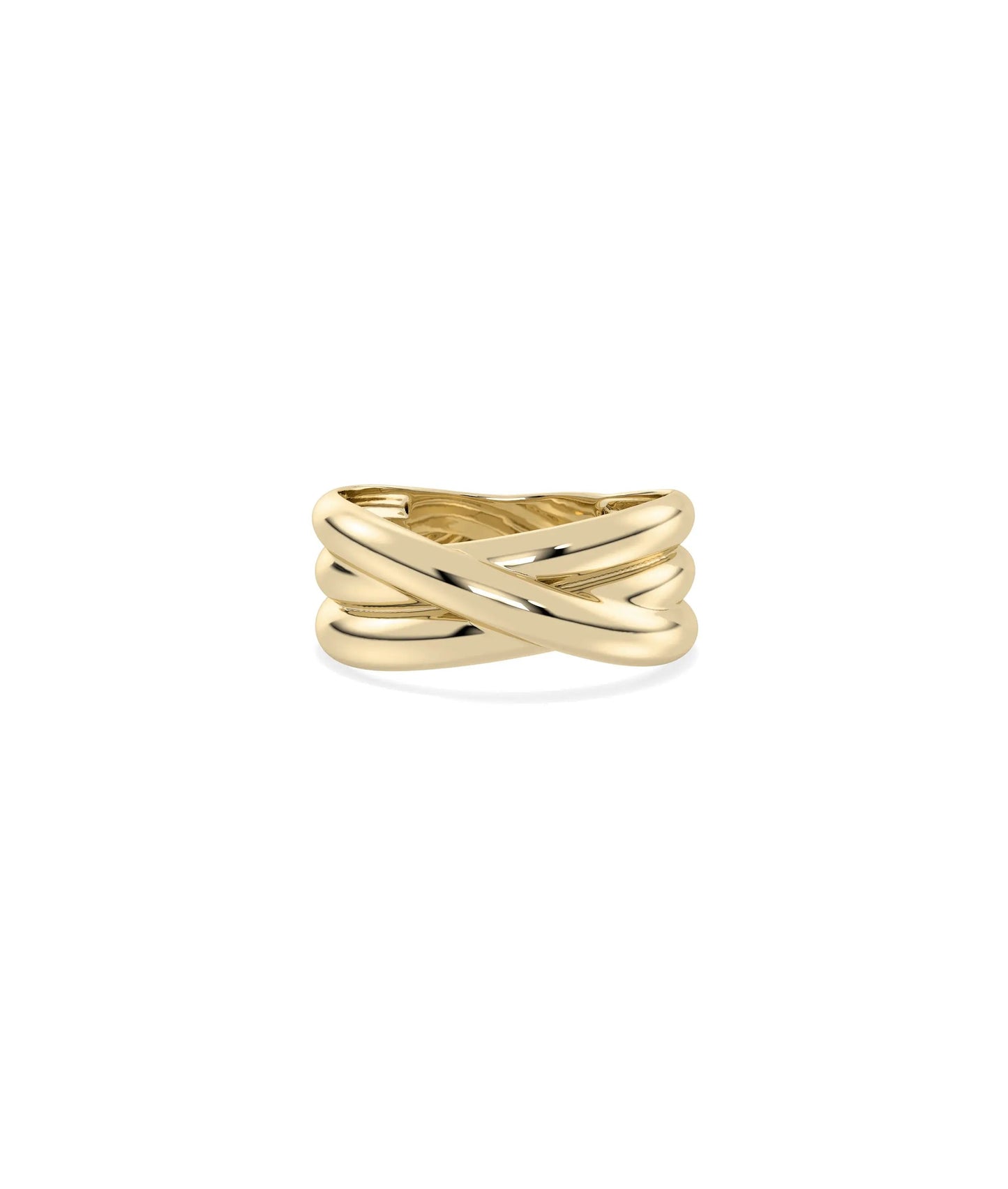 Gold Criss Cross Ring in yellow gold with interwoven criss cross X-pattern bands