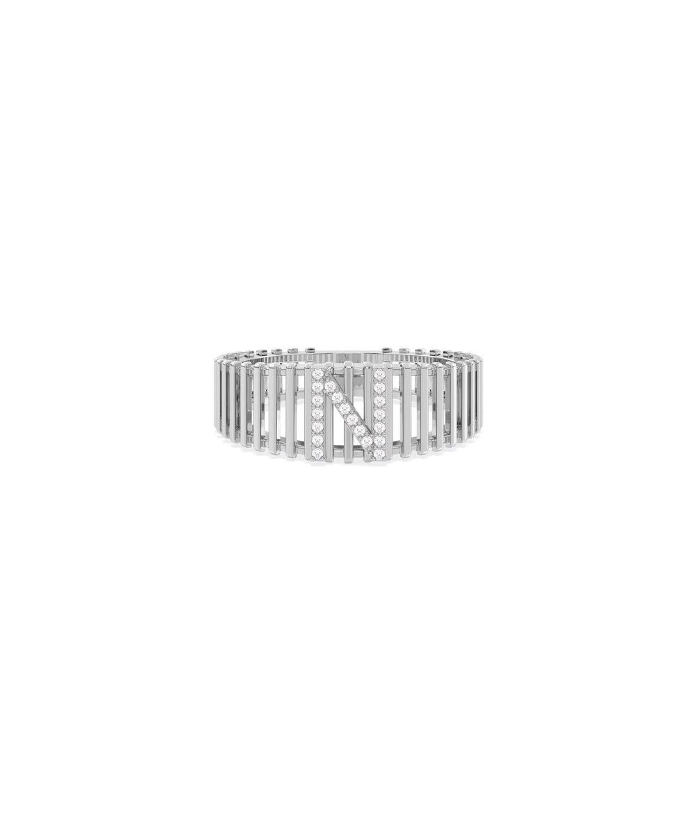 Custom Diamond Initial Band Ring in white gold featuring wide band with diamond initial