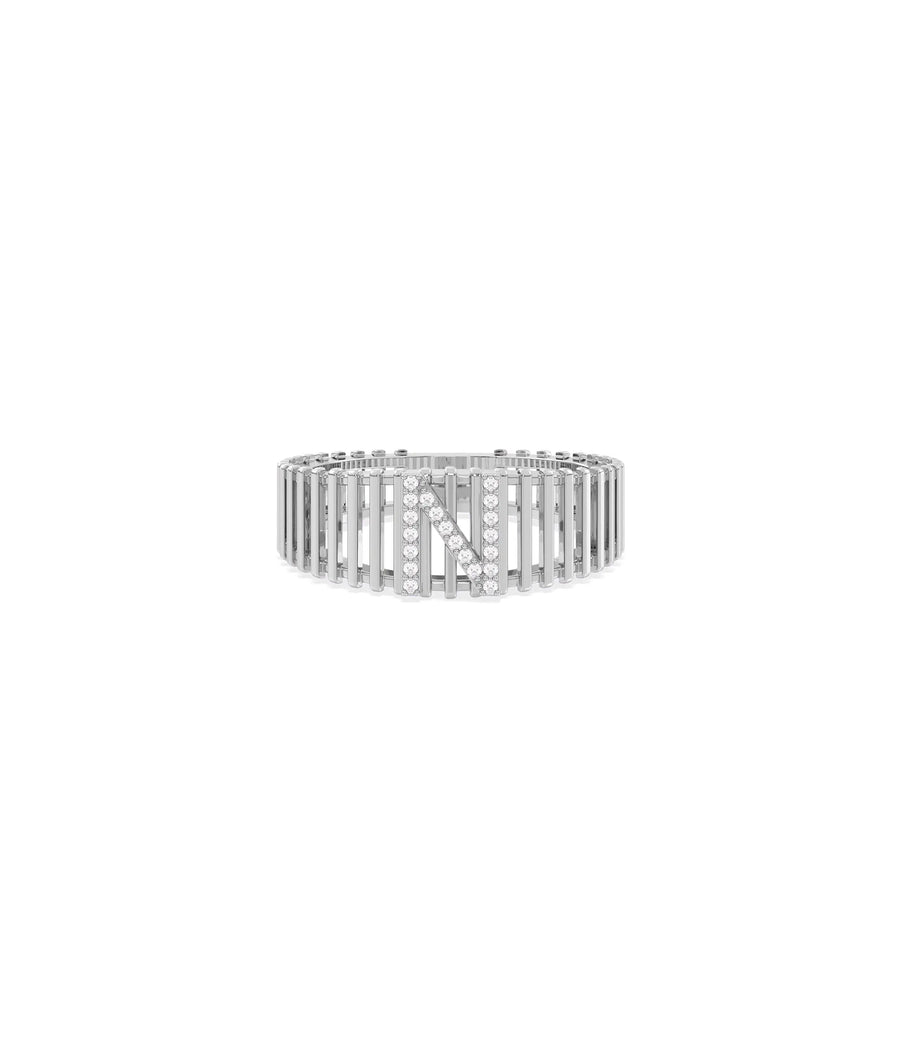 Custom Diamond Initial Band Ring in white gold featuring wide band with diamond initial
