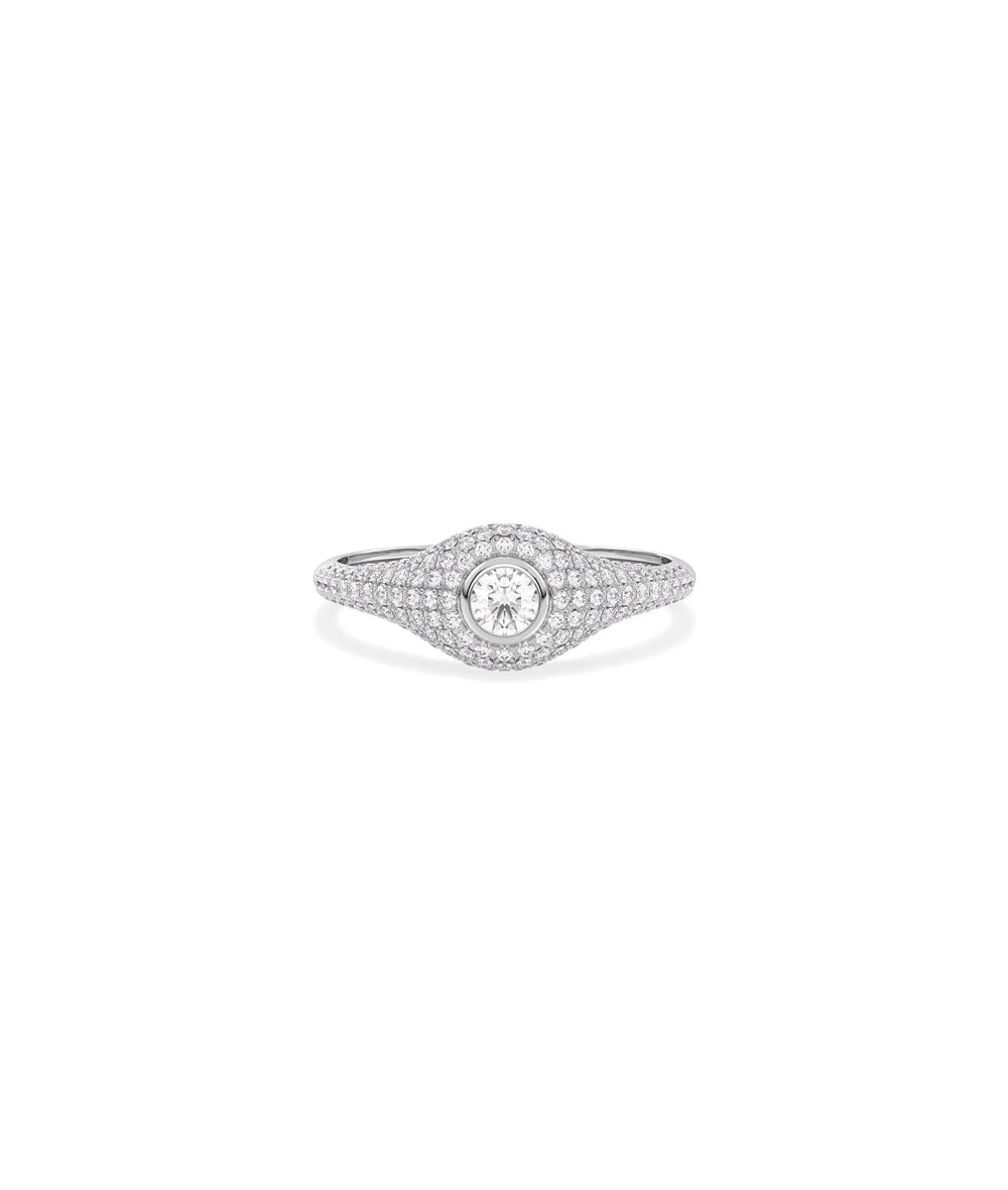 Diamond Solitaire and Pave Dome Ring in white gold with abundant pavé and center diamond