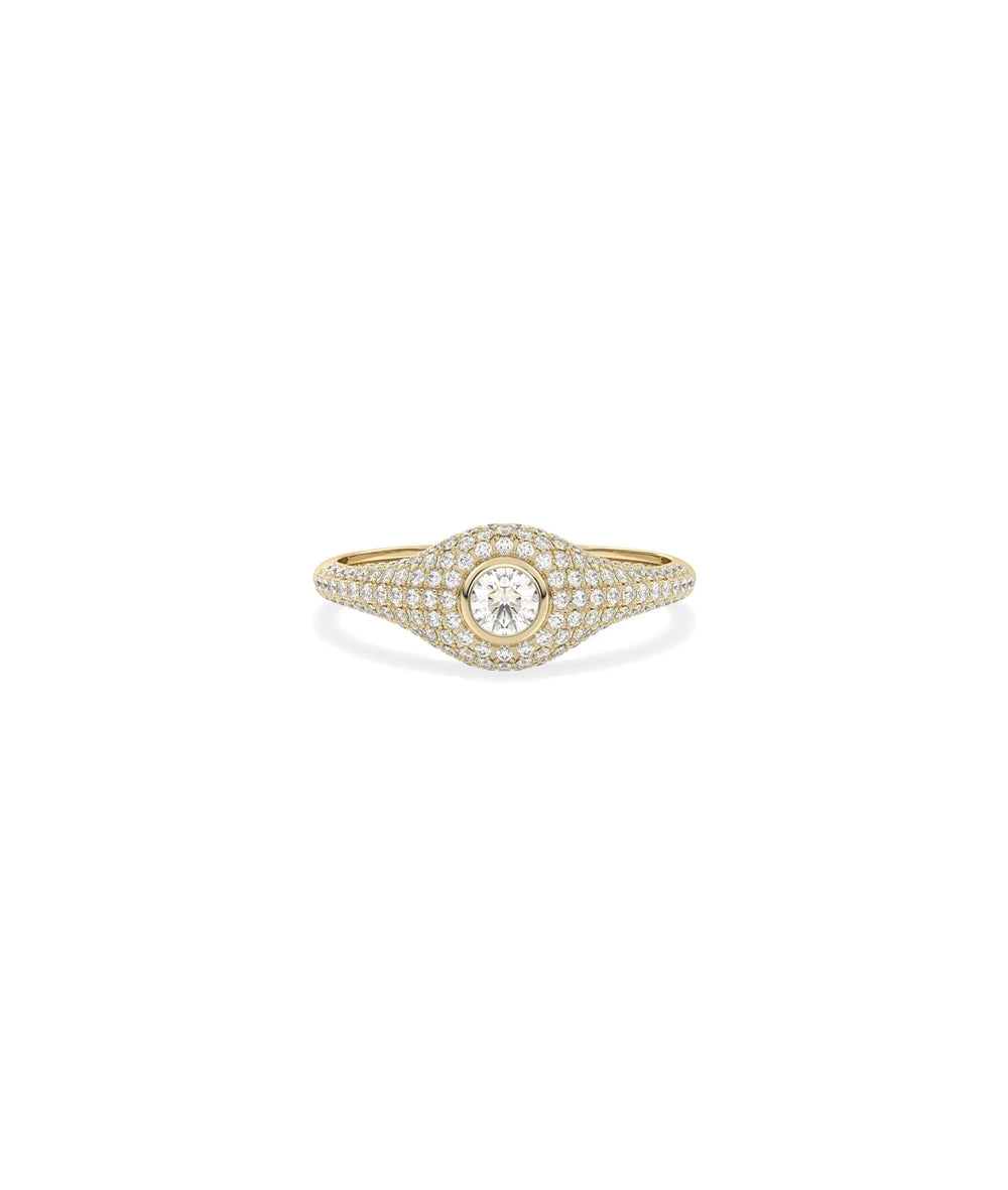 Diamond Solitaire and Pave Dome Ring in yellow gold with dramatic dome and solitaire