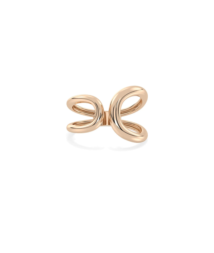 Rose gold split ring featuring intertwining twist and graceful bypass design