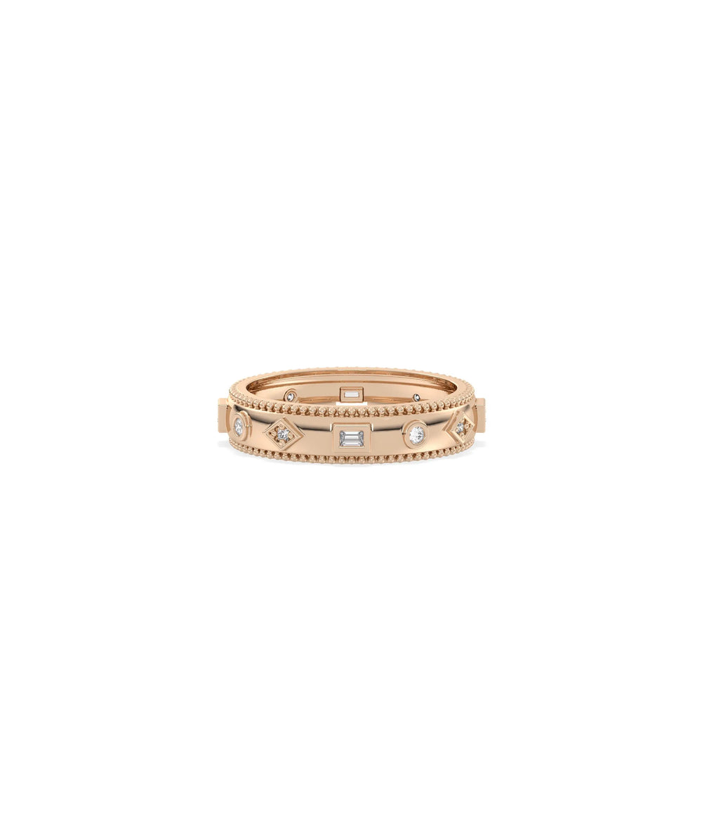 Rose gold Multi Shape Diamond Eternity Band Ring with Beaded Edges and vintage beading