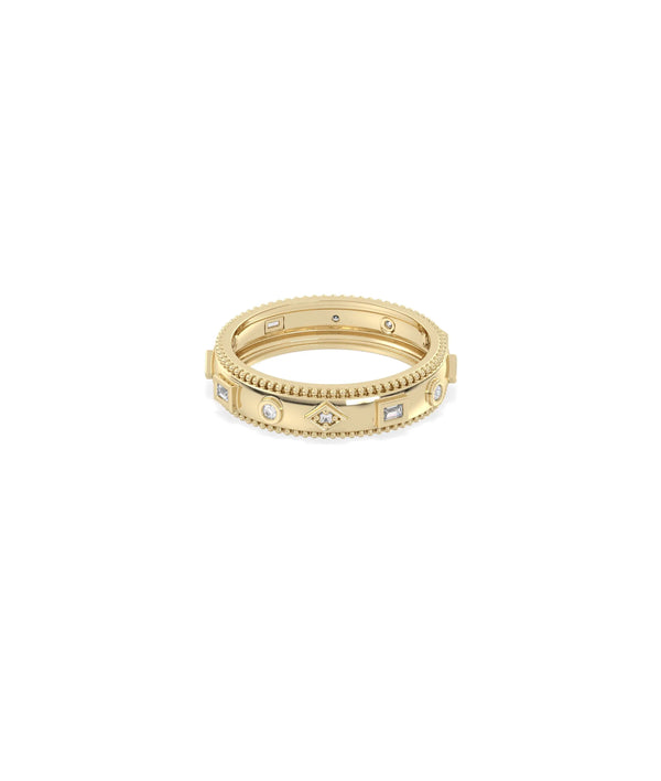 Side view of Multi Shape Diamond Eternity Band Ring showing 5mm width and beaded edge detail alternate view