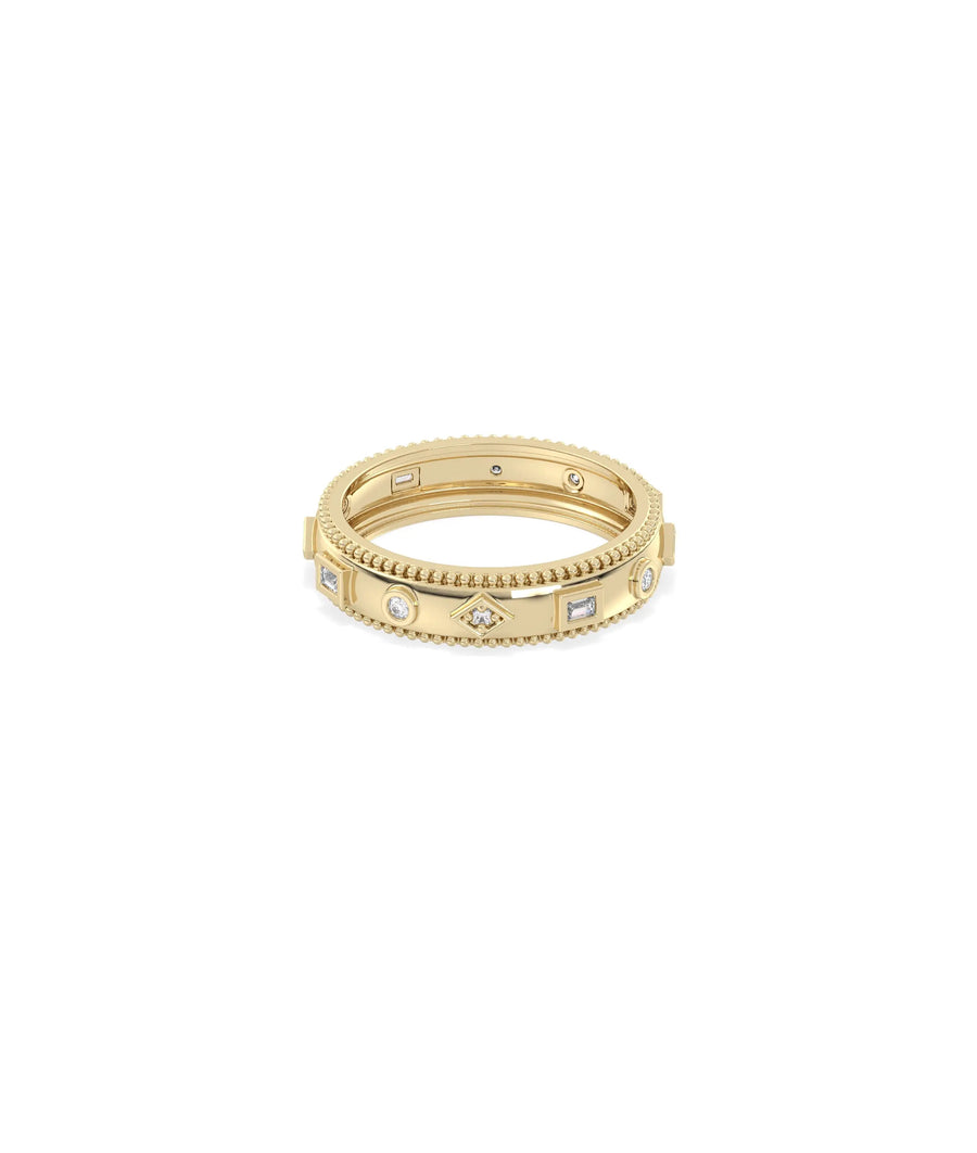 Side view of Multi Shape Diamond Eternity Band Ring showing 5mm width and beaded edge detail