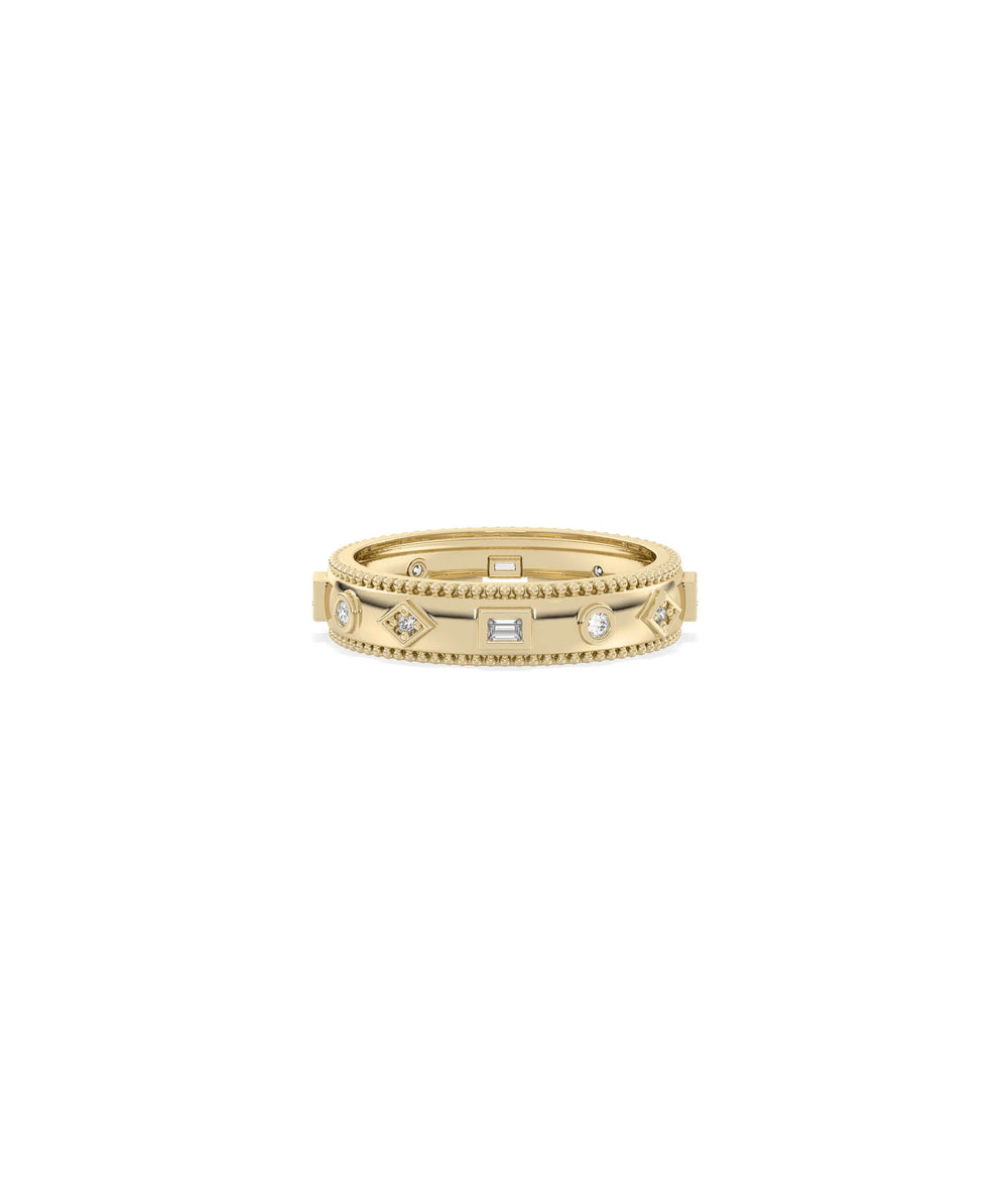 Multi Shape Diamond Eternity Band Ring with Beaded Edges in yellow gold with varied diamonds