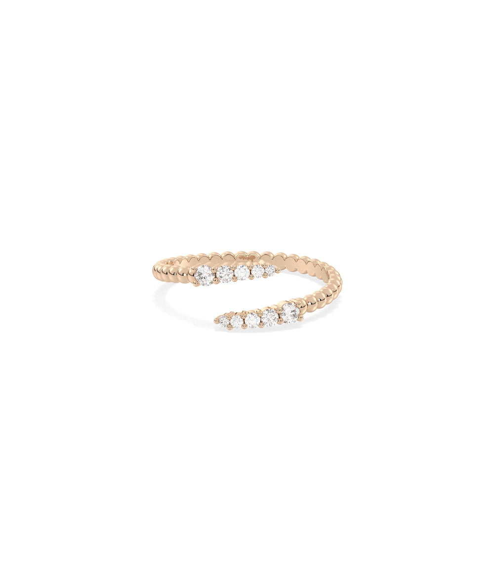 Rose gold Beaded Gold and Diamond Bypass Ring with crossing beaded bands