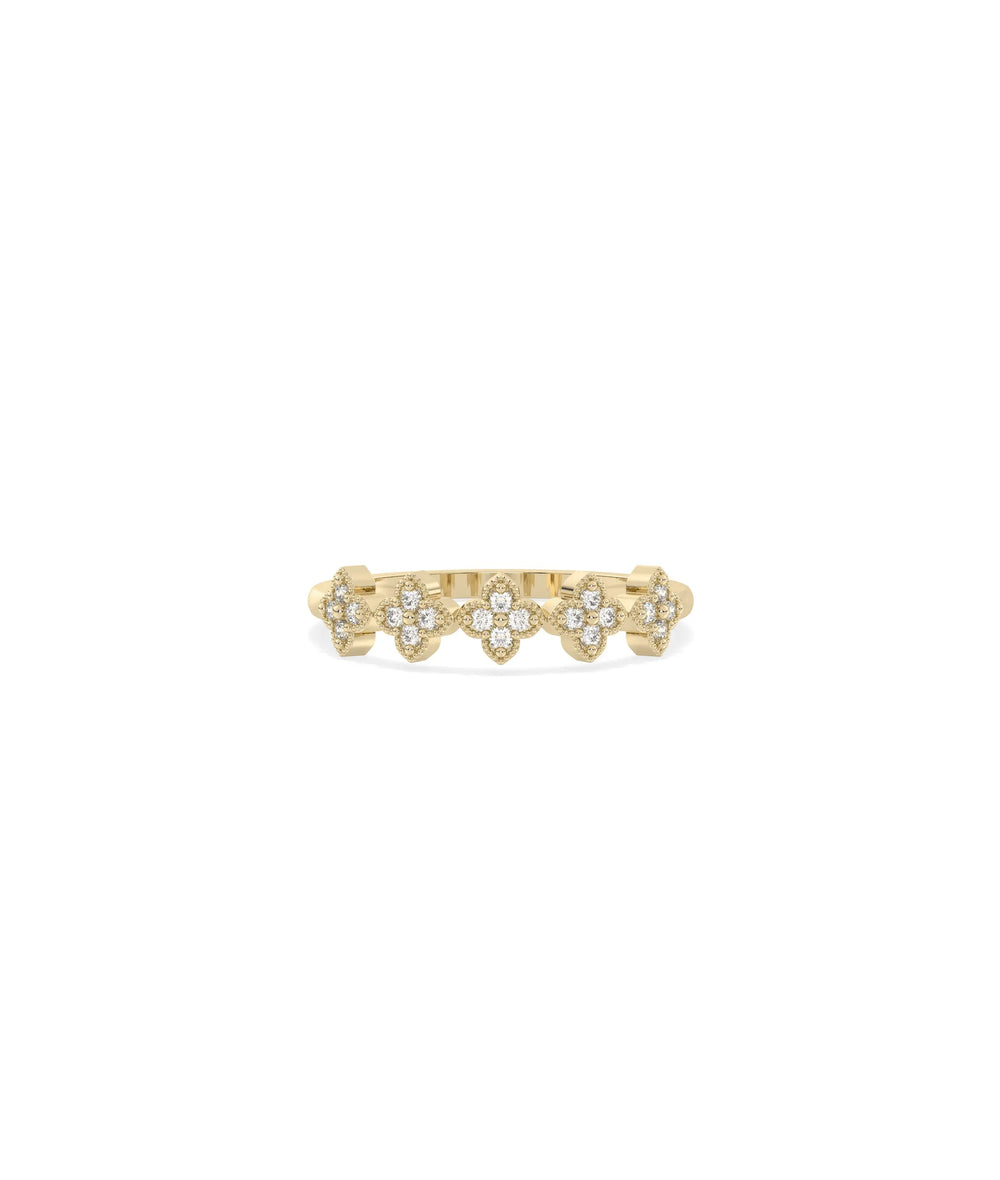 Diamond Clover Band Ring yellow gold front view showcasing 5mm lucky clover design