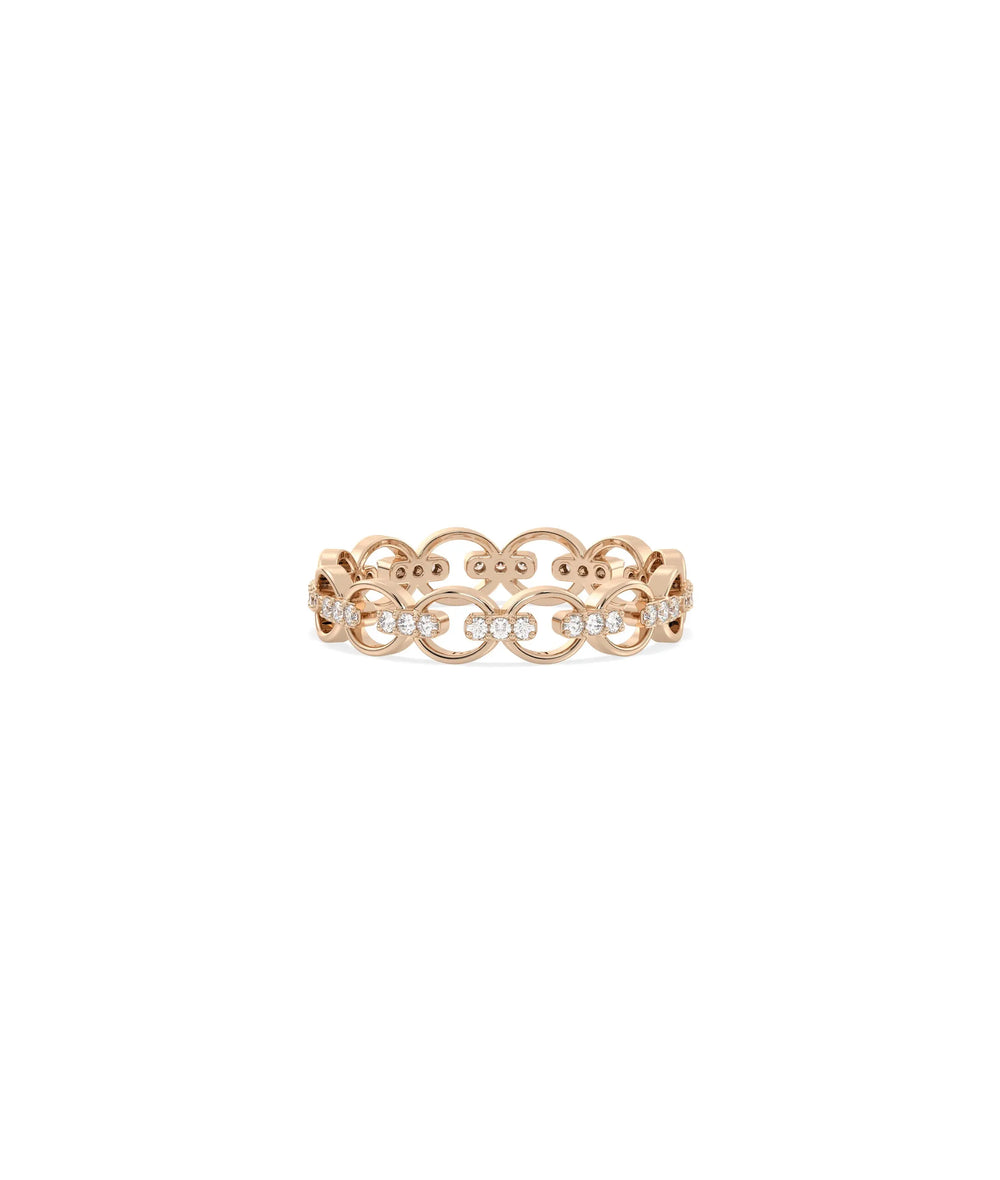Rose gold eternity band ring featuring diamond circle link pattern design