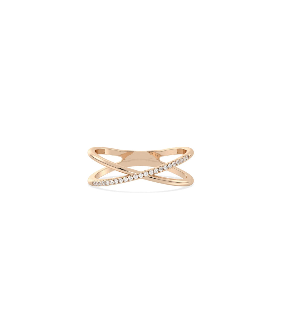 Rose gold criss cross ring featuring bold intersecting bands with diamonds