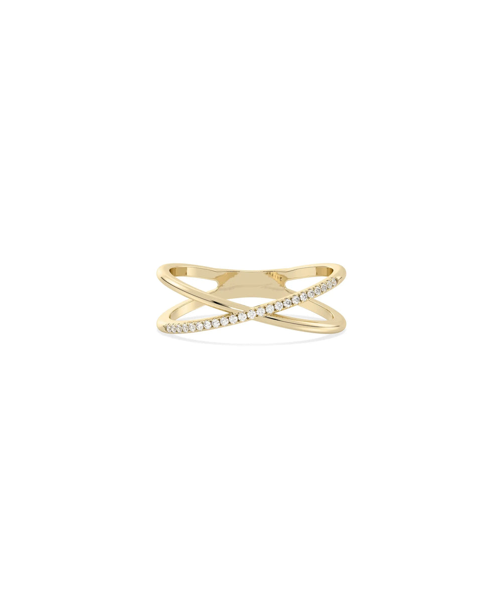 Diamond Line Criss Cross Ring yellow gold front view showcasing bold X-pattern design