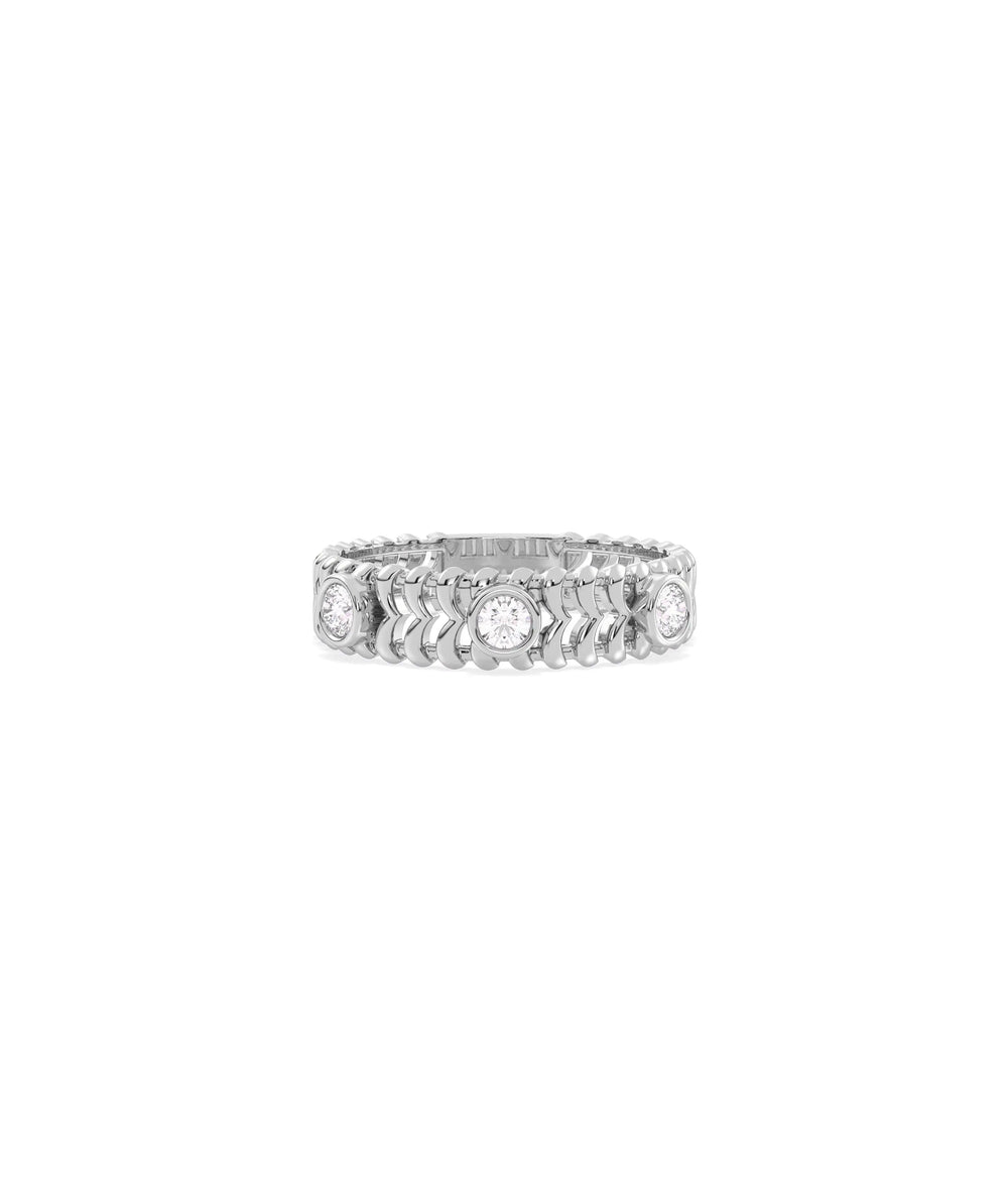 Diamond Bezel Station and Gold Chevron Band Ring white gold with angular chevron detail
