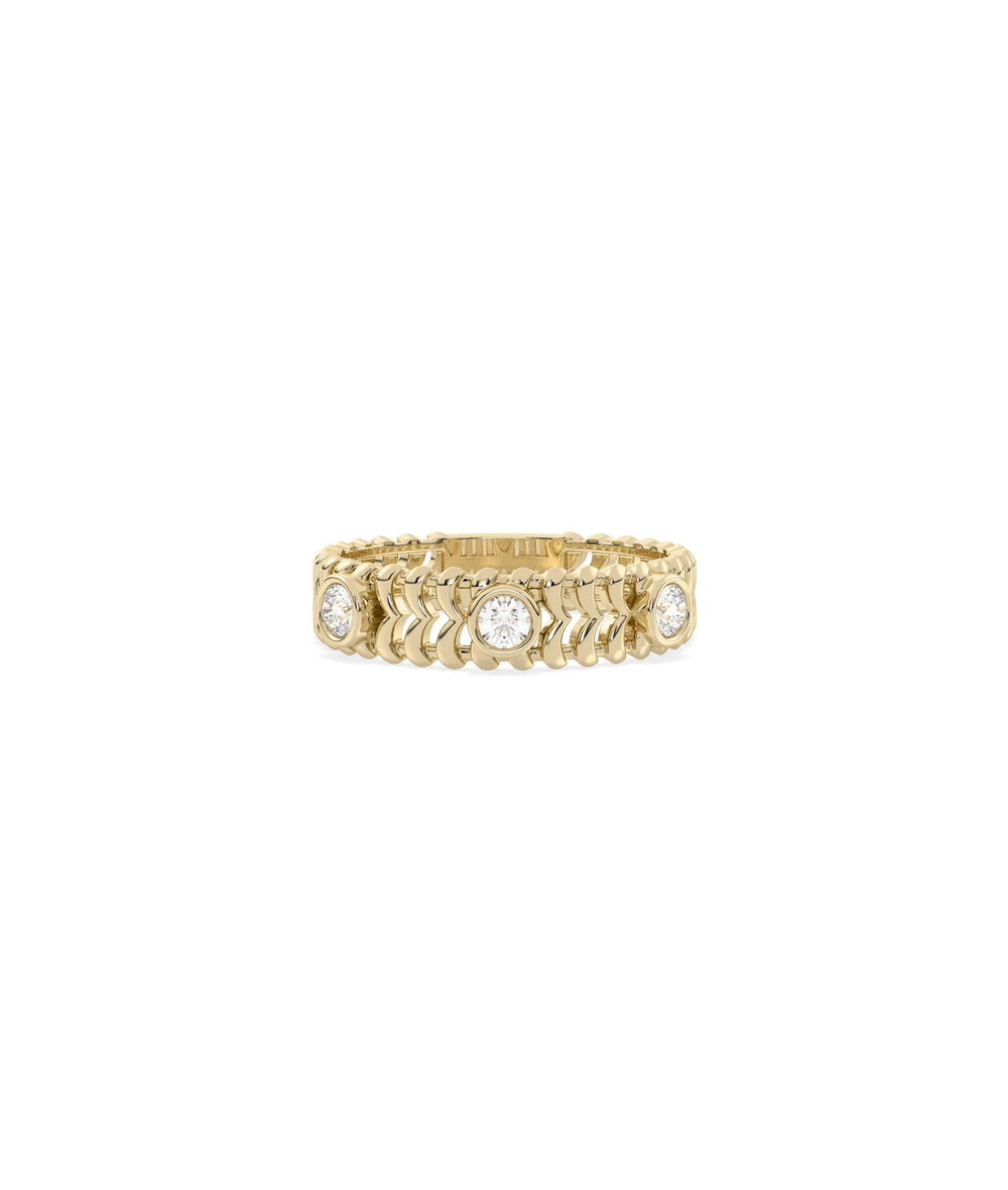 Diamond Bezel Station and Gold Chevron Band Ring yellow gold showcasing V-shaped pattern