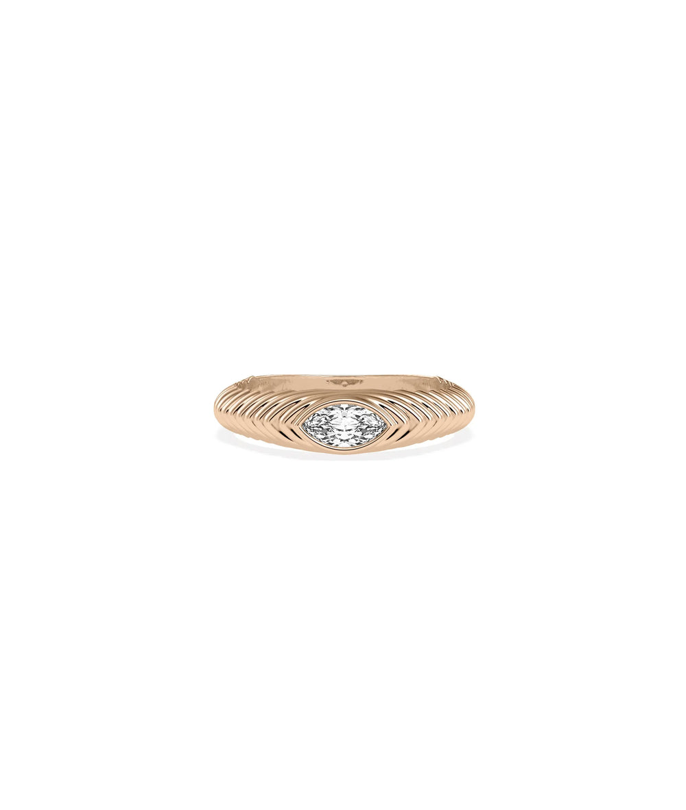 Rose gold fluted band ring featuring marquise diamonds and architectural steps