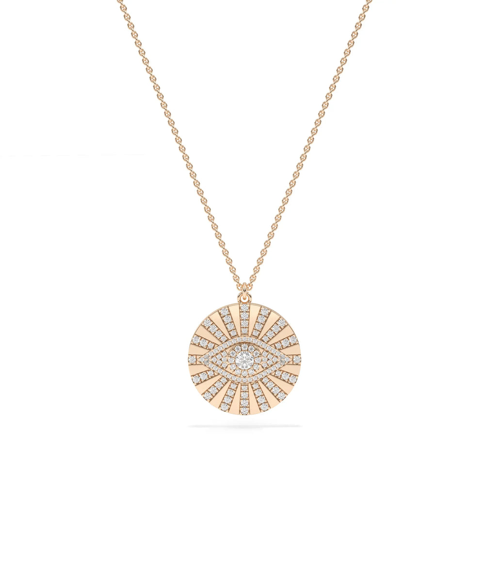 Rose gold Evil Eye Gold Coin featuring substantial sparkle