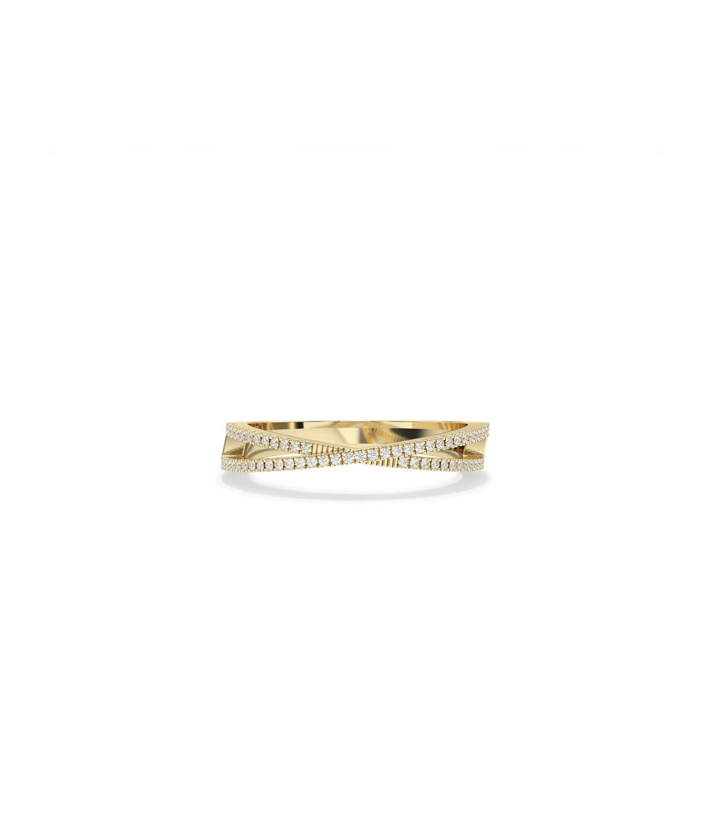 Diamond Pave Criss Cross Ring yellow gold front view showing intersecting bands