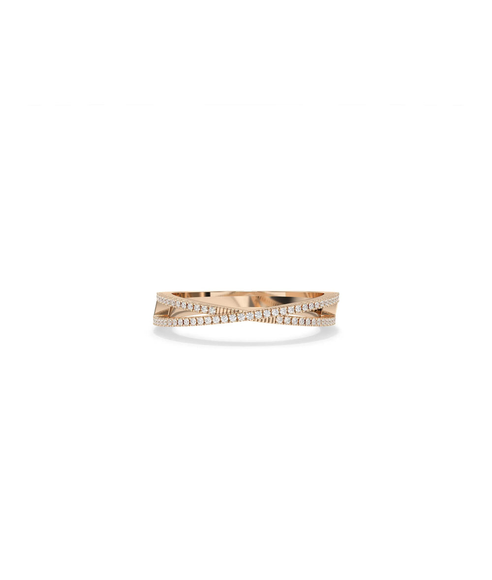 Rose gold criss cross ring featuring intersecting pave diamond bands