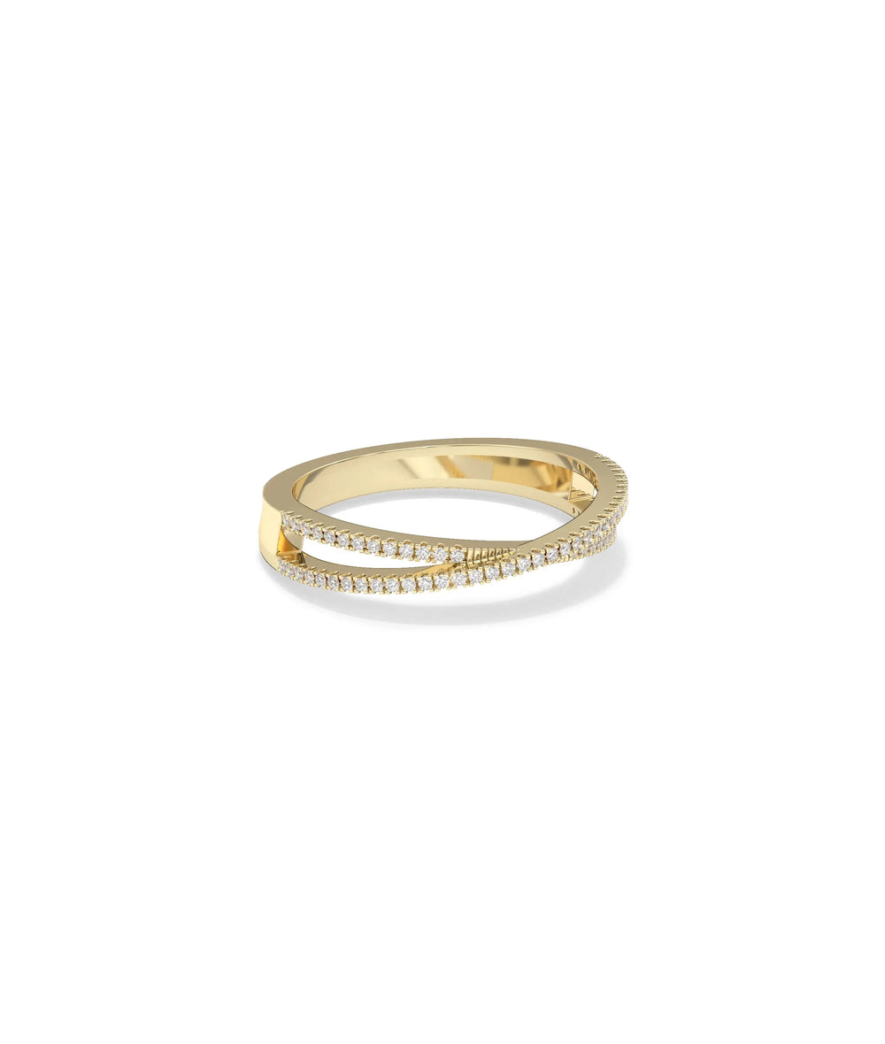 Pave criss cross ring side angle displaying dimensional X-pattern design