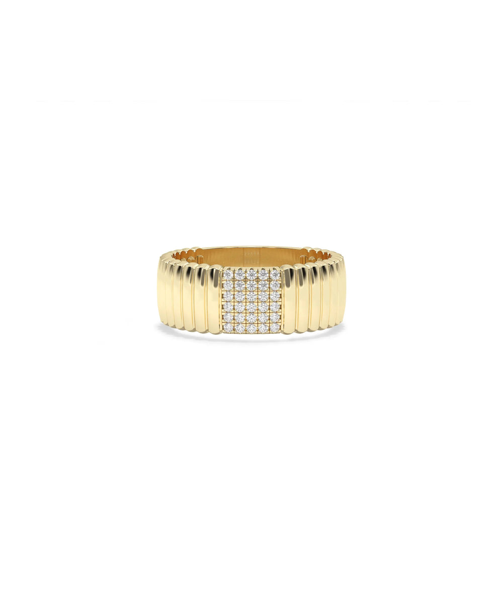 Wide Cluster Diamond Fluted Band Ring yellow gold front view showing bold 7mm design