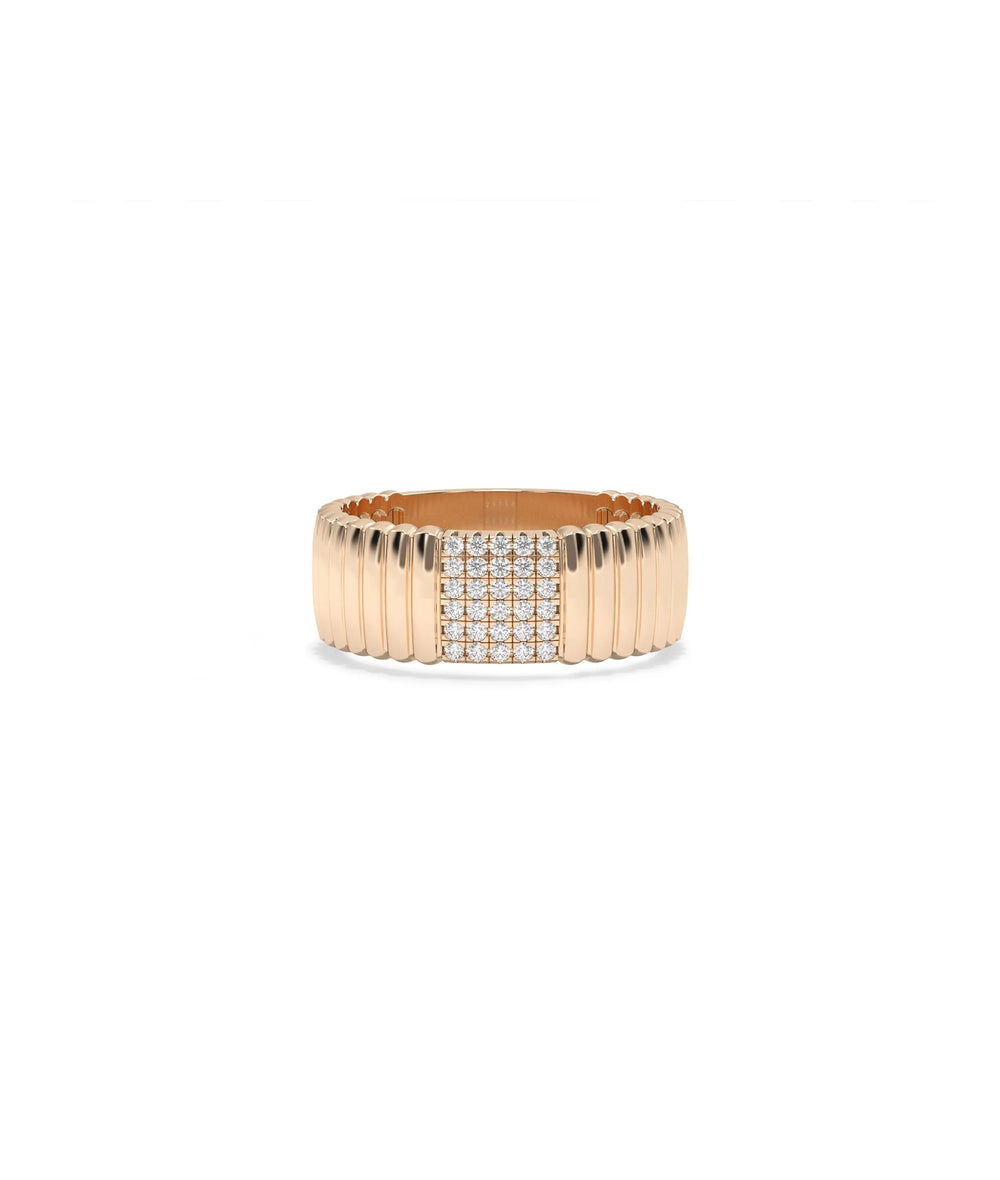 Rose gold wide band ring featuring cluster diamonds and intricate fluted texture