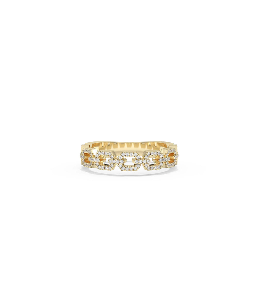 Diamond Pave Link Ring yellow gold front view showcasing interlocking chain design