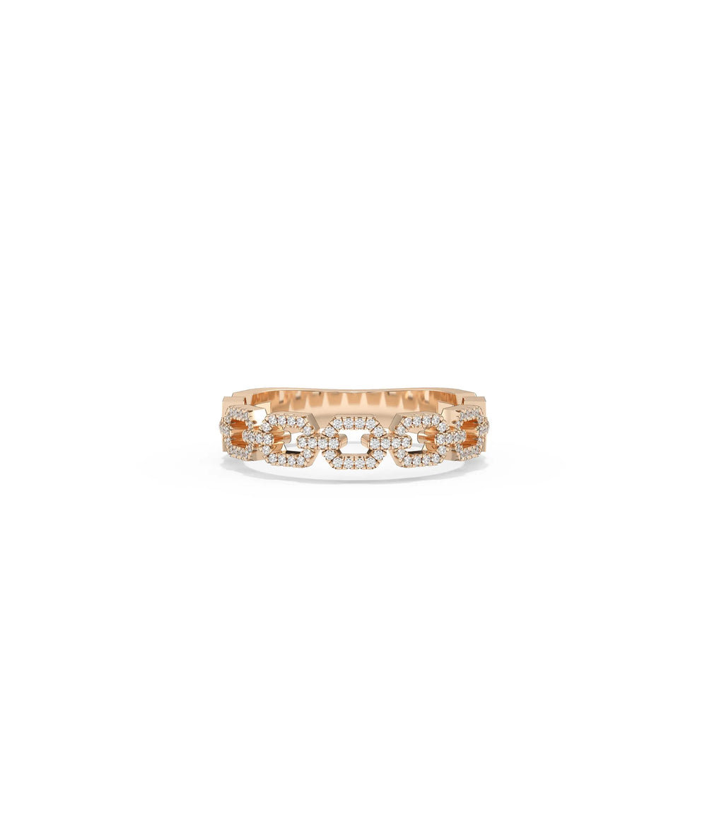 Rose gold link ring featuring intricate chain motif with pave diamond accents
