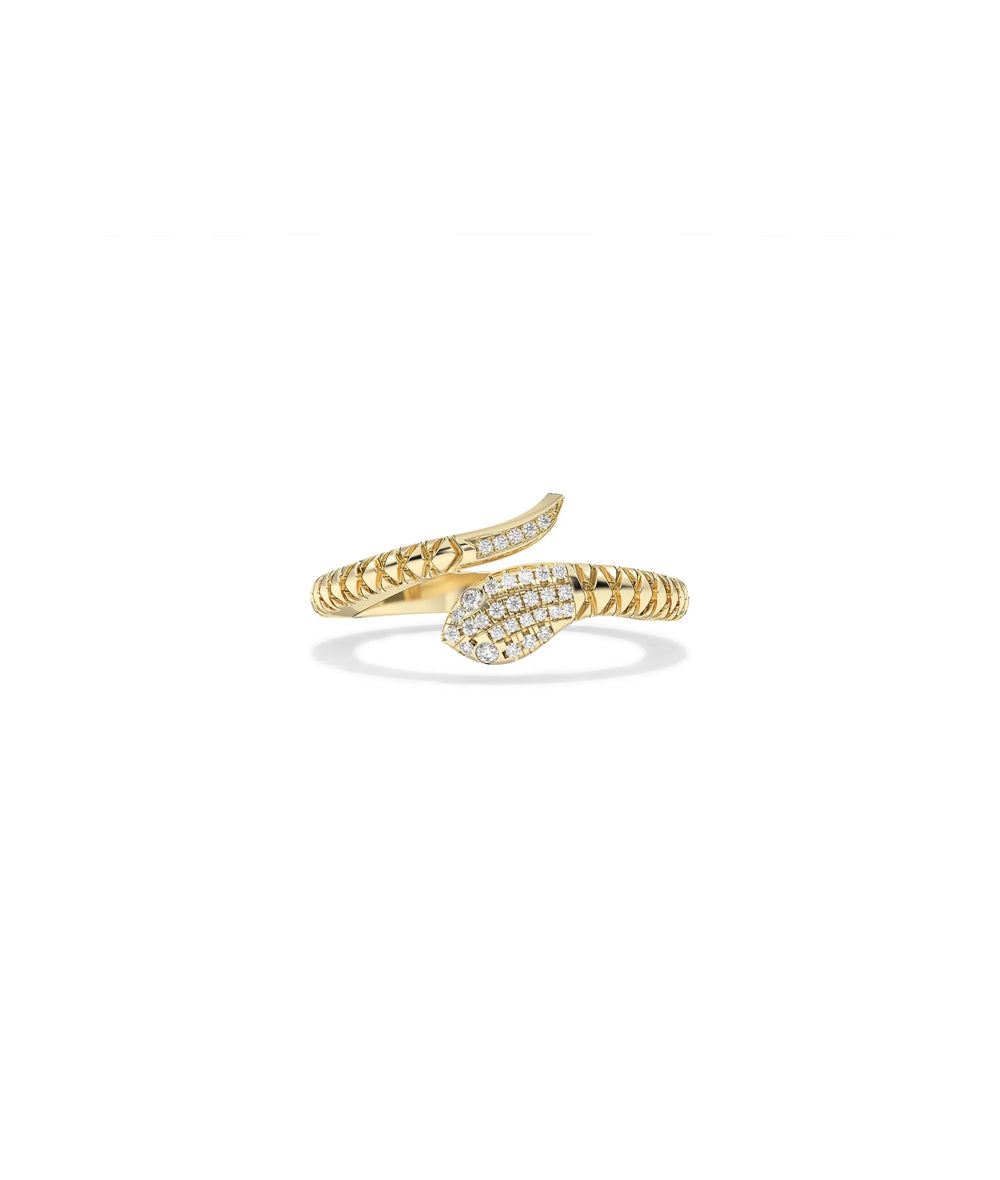 Diamond Fluted Snake Ring yellow gold front view showcasing serpent motif design