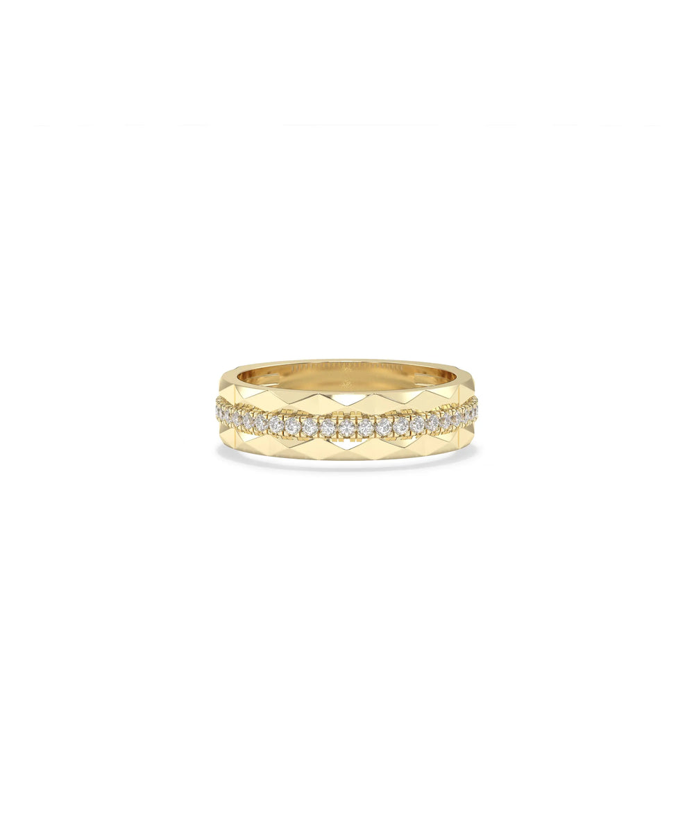 Diamond Line with Faceted Gold Band Ring yellow gold front view showing geometric texture