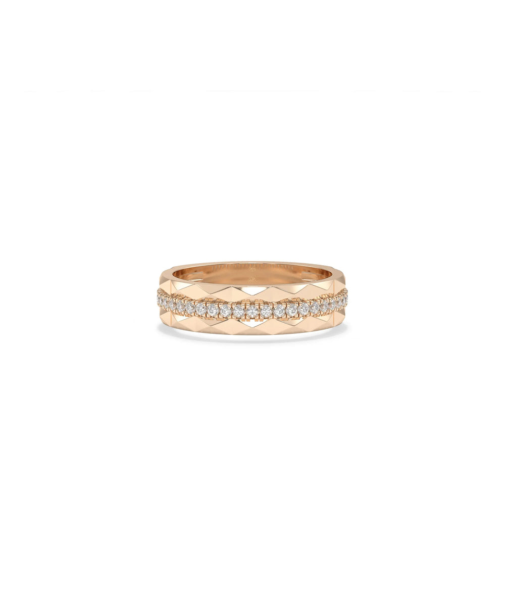 Rose gold faceted band ring featuring continuous diamond line accent