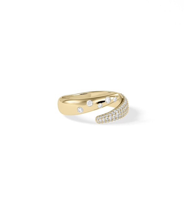 Bypass ring side view displaying pave diamonds and bezel set stones profile alternate view