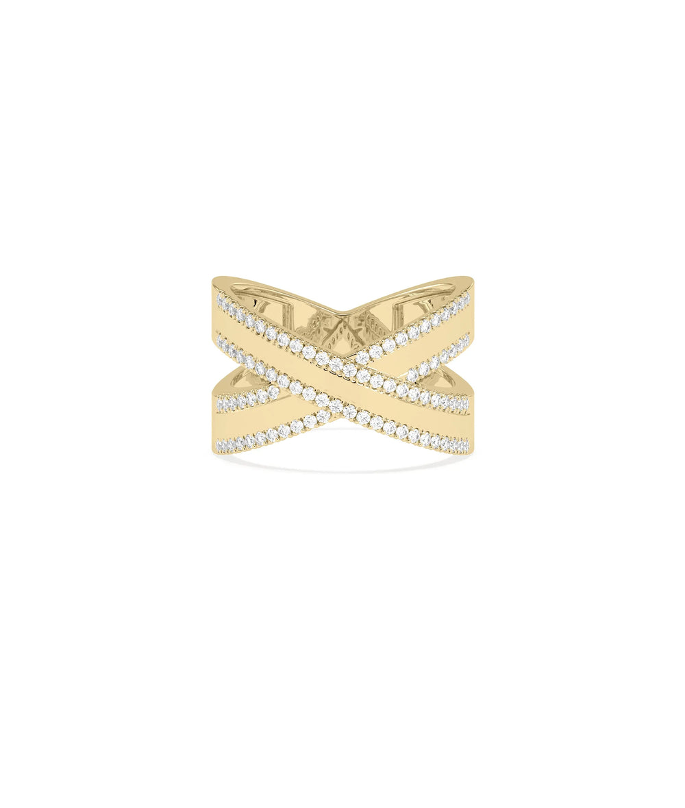 2 Line Diamond Criss Cross Ring yellow gold front view showcasing intersecting diamond lines