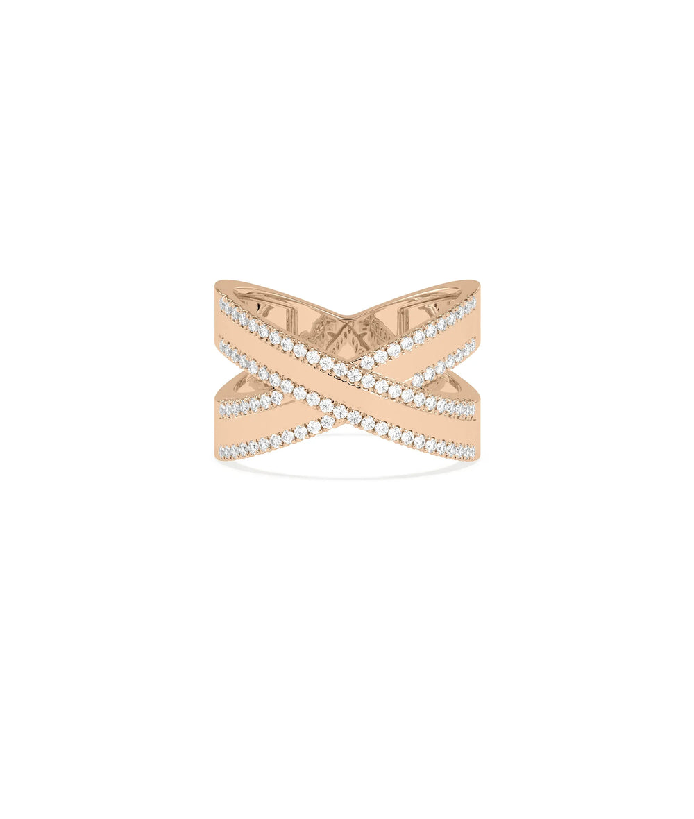Rose gold criss cross ring featuring two intersecting lines of diamonds