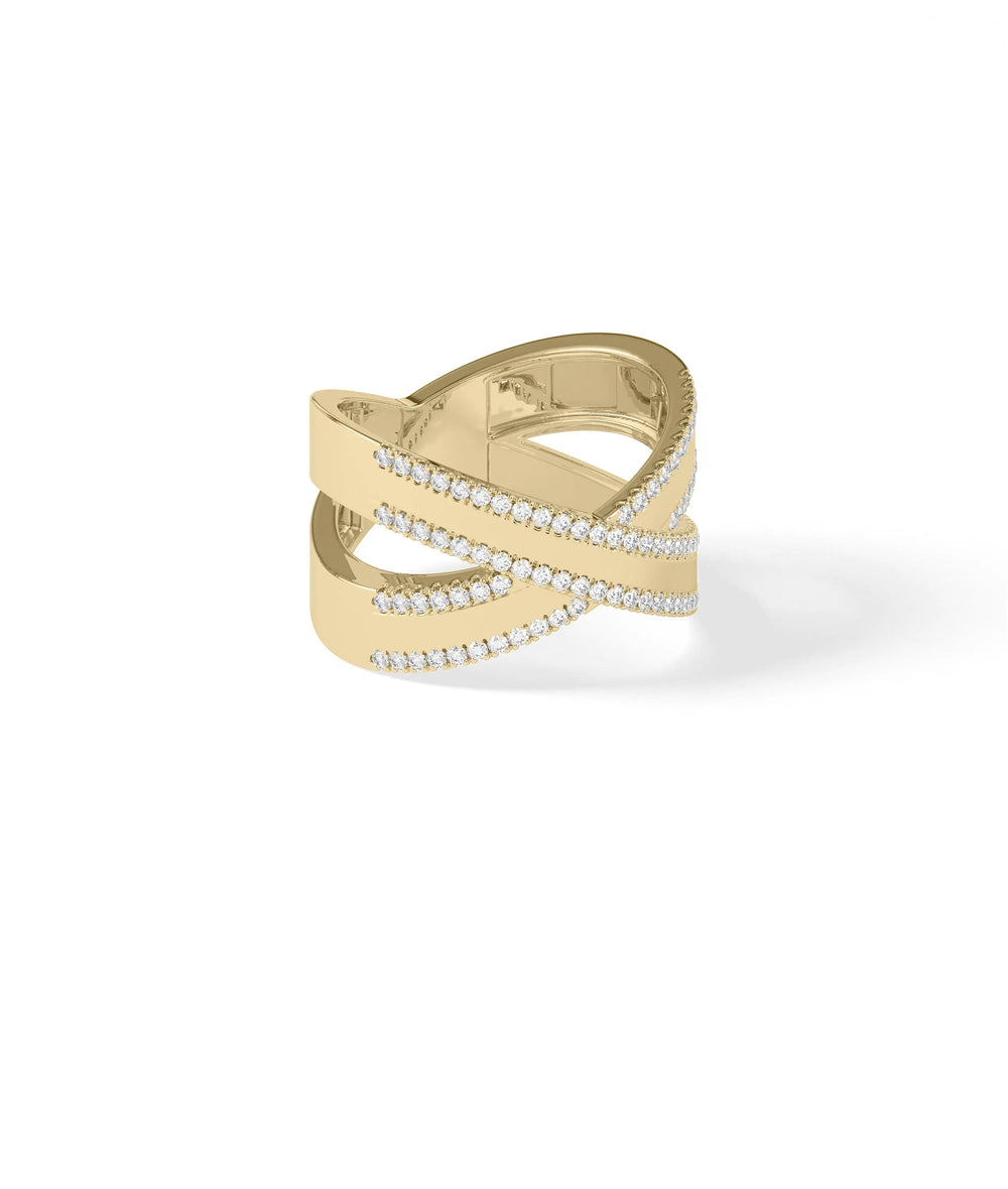 Criss cross diamond ring side angle displaying 13.4mm width and geometric profile