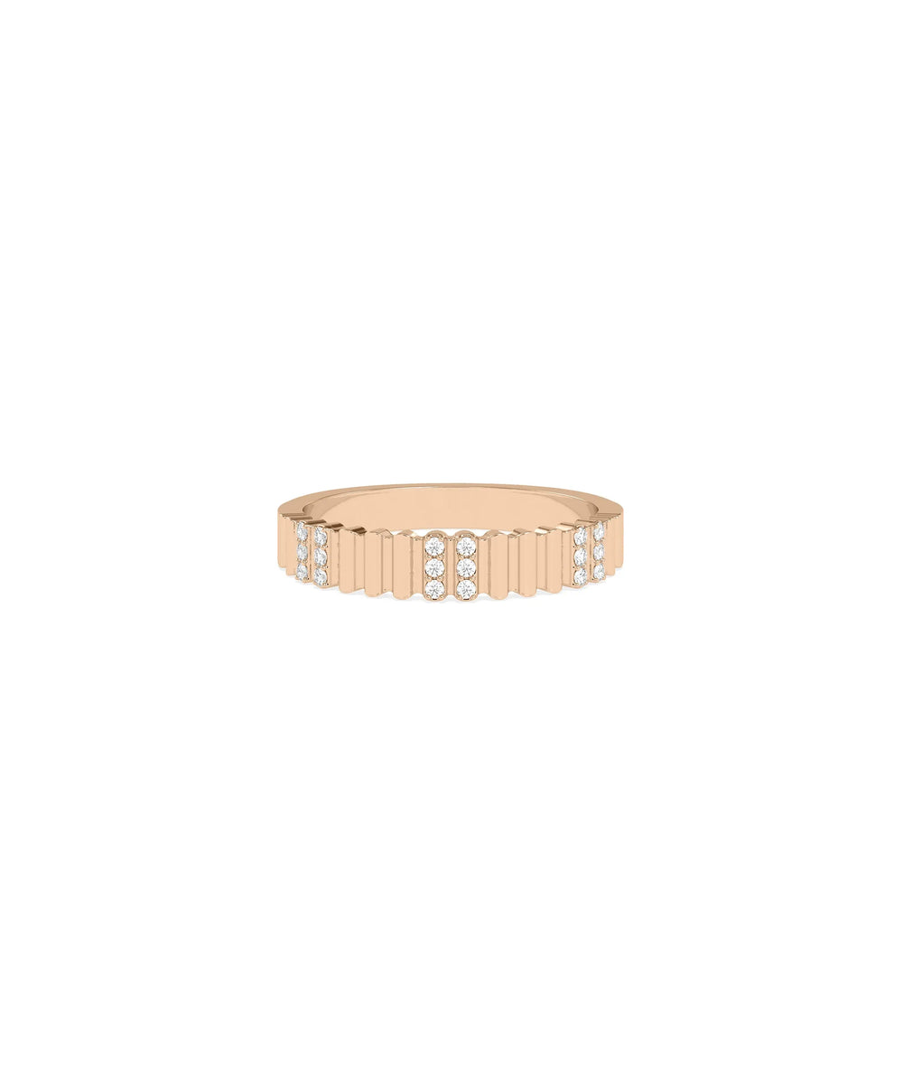 Rose gold fluted band ring featuring two row diamond cluster stations