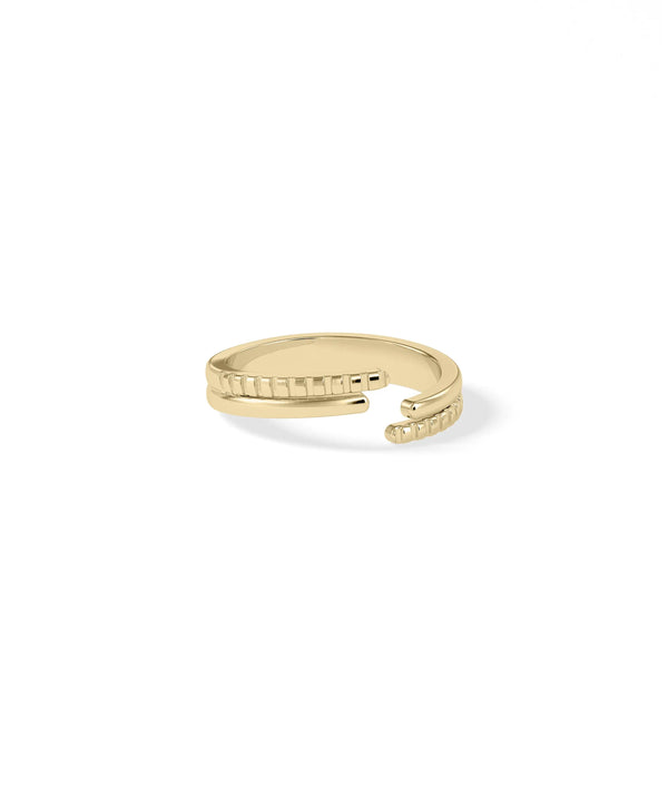 Gold Fluted Bypass Ring side view displaying textured fluted ends alternate view