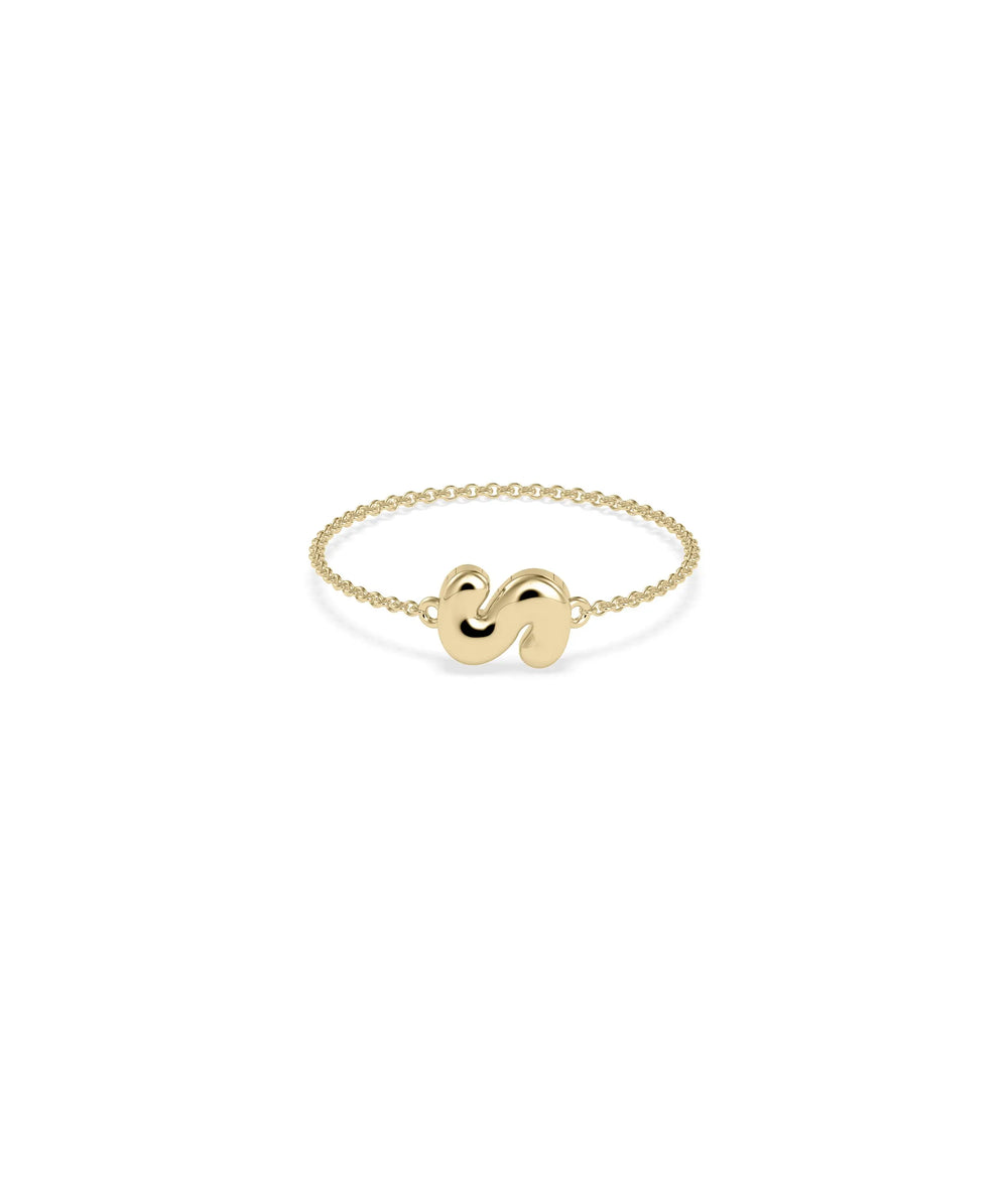 Custom Bubble Initial Cable Chain Ring yellow gold showing bubble letter font