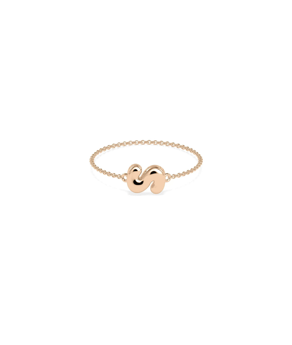 Custom Bubble Initial Cable Chain Ring rose gold with playful bubble lettering