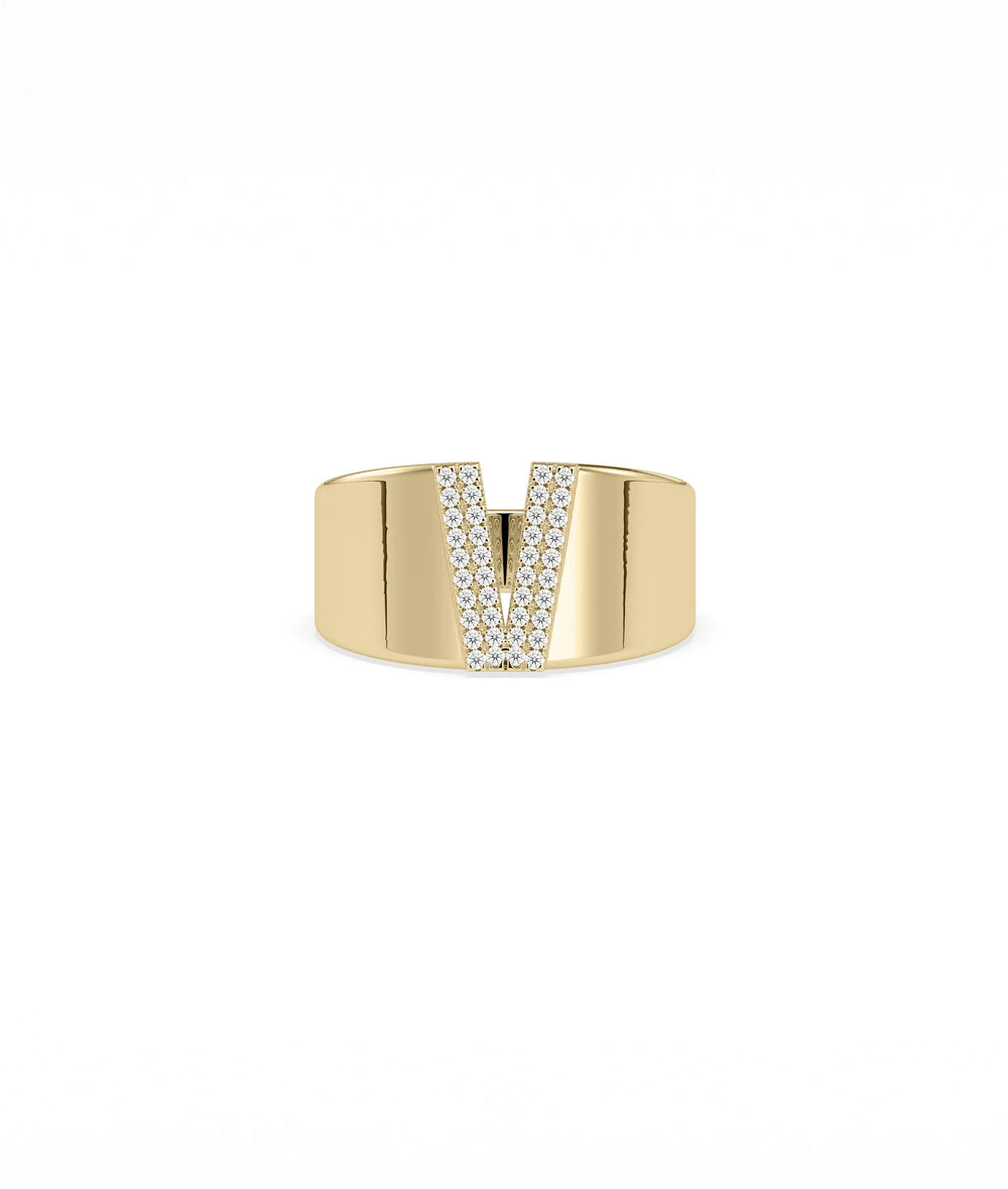 Custom Initial Pave Wide Band Ring in yellow gold with personalized diamond initial