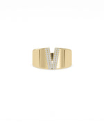 Custom Initial Pave Wide Band Ring in yellow gold with personalized diamond initial