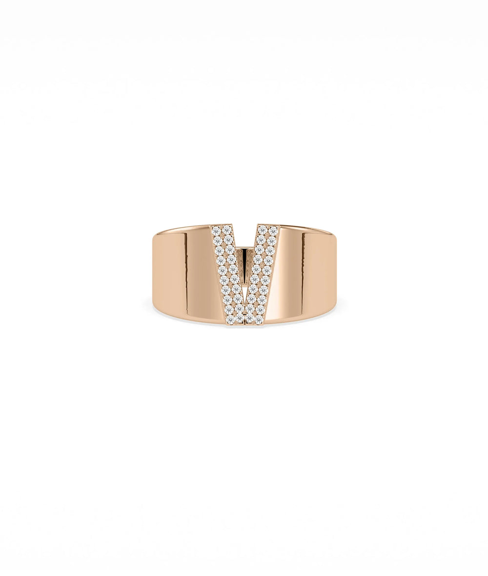 Rose gold Custom Initial Pave Wide Band Ring with bold personalized letter design
