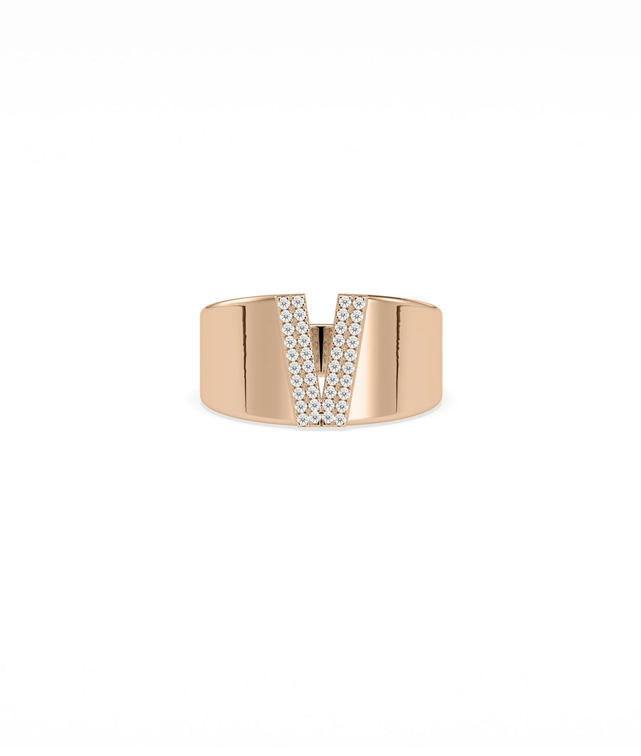Rose gold Custom Initial Pave Wide Band Ring with bold personalized letter design