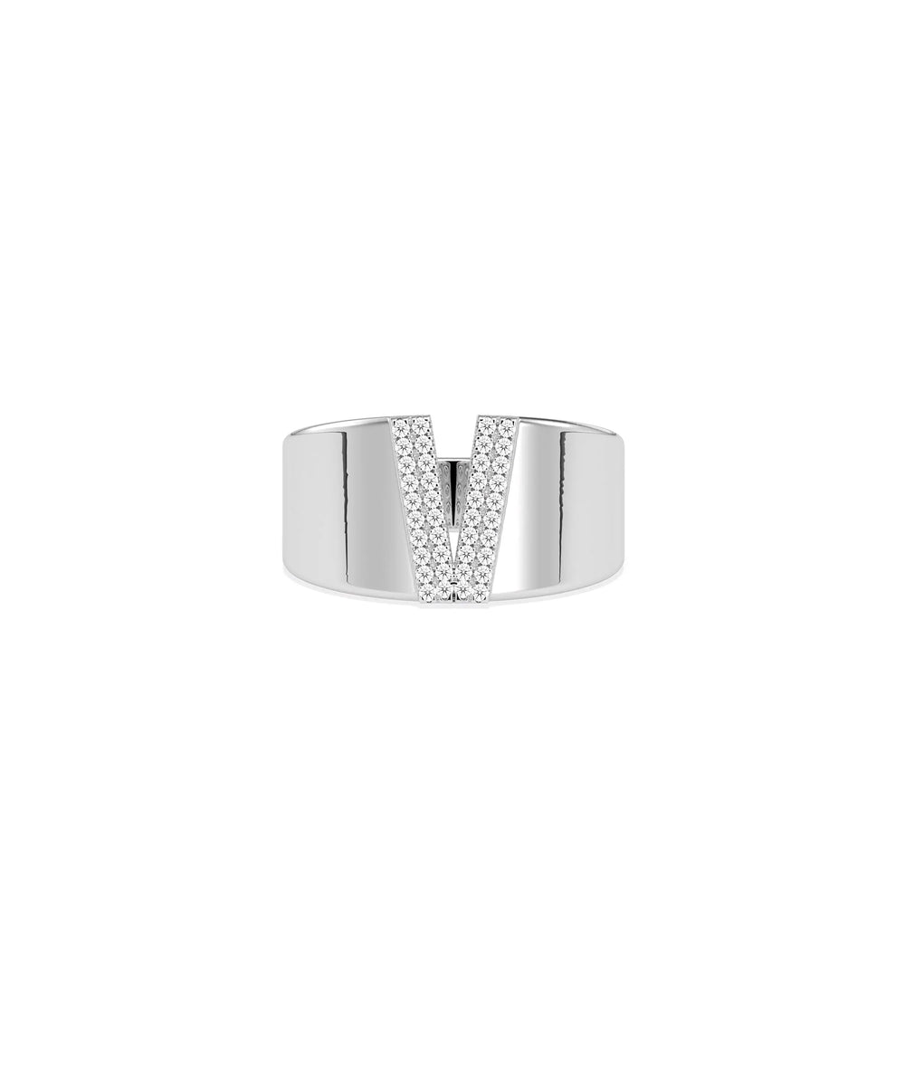 Custom Initial Pave Wide Band Ring in white gold featuring wide band with pavé initial